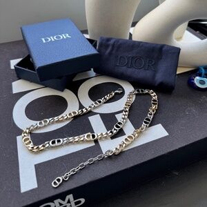 Dior Brass CD Icon Thin Chain Link Necklace Silver